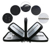 A large capacity pencil case with dividers shown open, featuring multiple slots and a black and silver design.