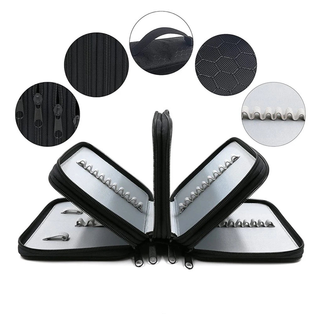 A large capacity pencil case with dividers shown open, featuring multiple slots and a black and silver design.