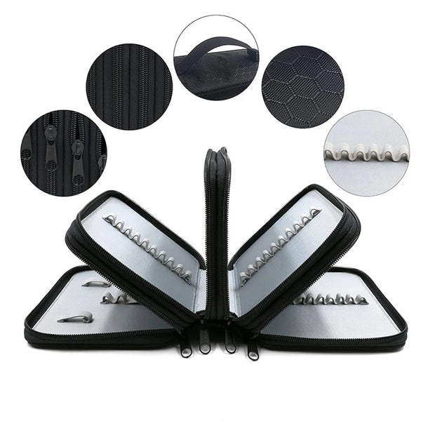 A large capacity pencil case with dividers shown open, featuring multiple slots and a black and silver design.