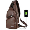 A brown men's casual crossbody chest bag with a visible USB charging port.