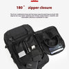 A black durable travel backpack shown with an open compartment displaying various accessories.