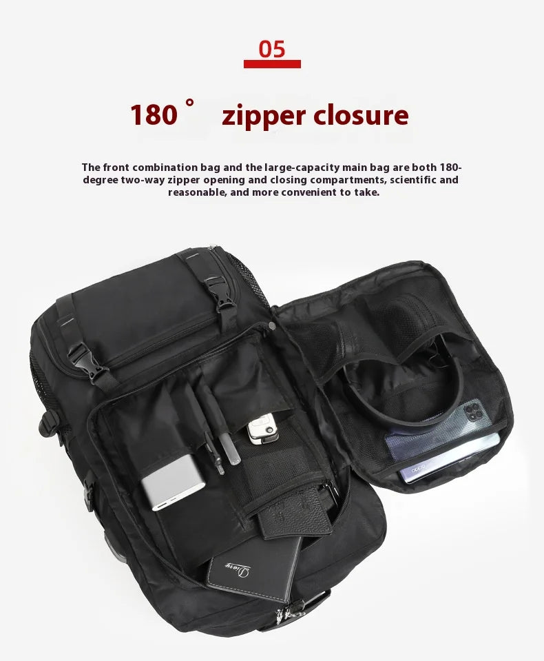 A black durable travel backpack shown with an open compartment displaying various accessories.