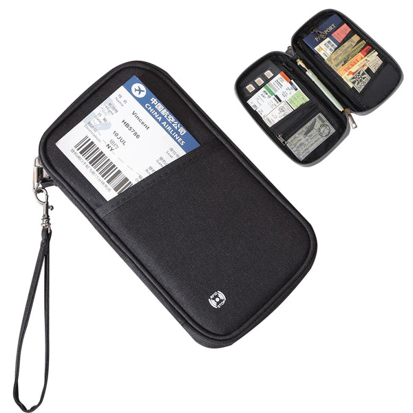 A black RFID blocking passport wallet with a strap and an attached passport holder is shown.
