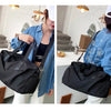 A woman is shown carrying a black nylon duffel bag in a denim shirt, demonstrating the gym and travel bag.