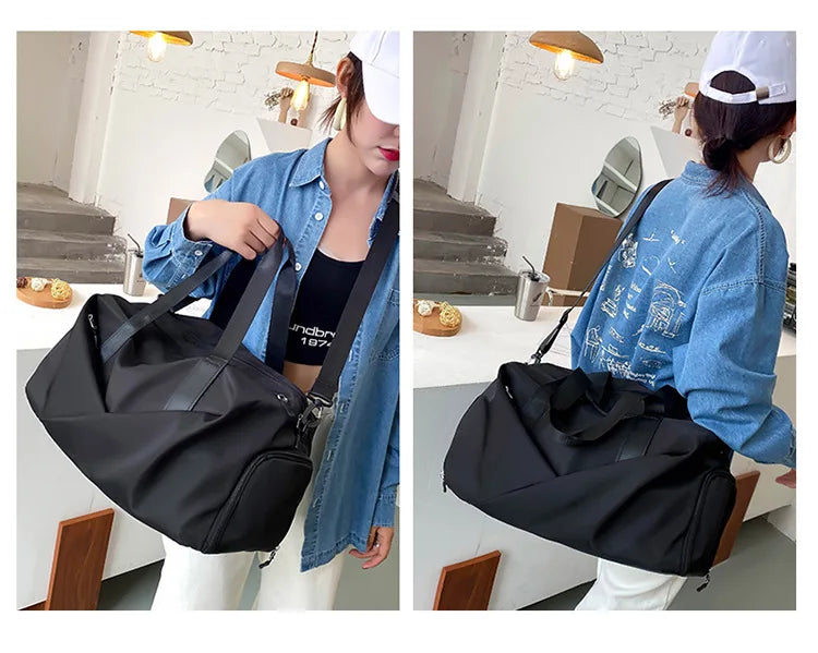 A woman is shown carrying a black nylon duffel bag in a denim shirt, demonstrating the gym and travel bag.