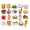 A collection of colorful decorative shoe charms and pins featuring various food items like sushi, ice cream, and fruit.