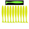 A set of ten bright yellow adjustable soft lure fishing tackle pieces shown in a row.