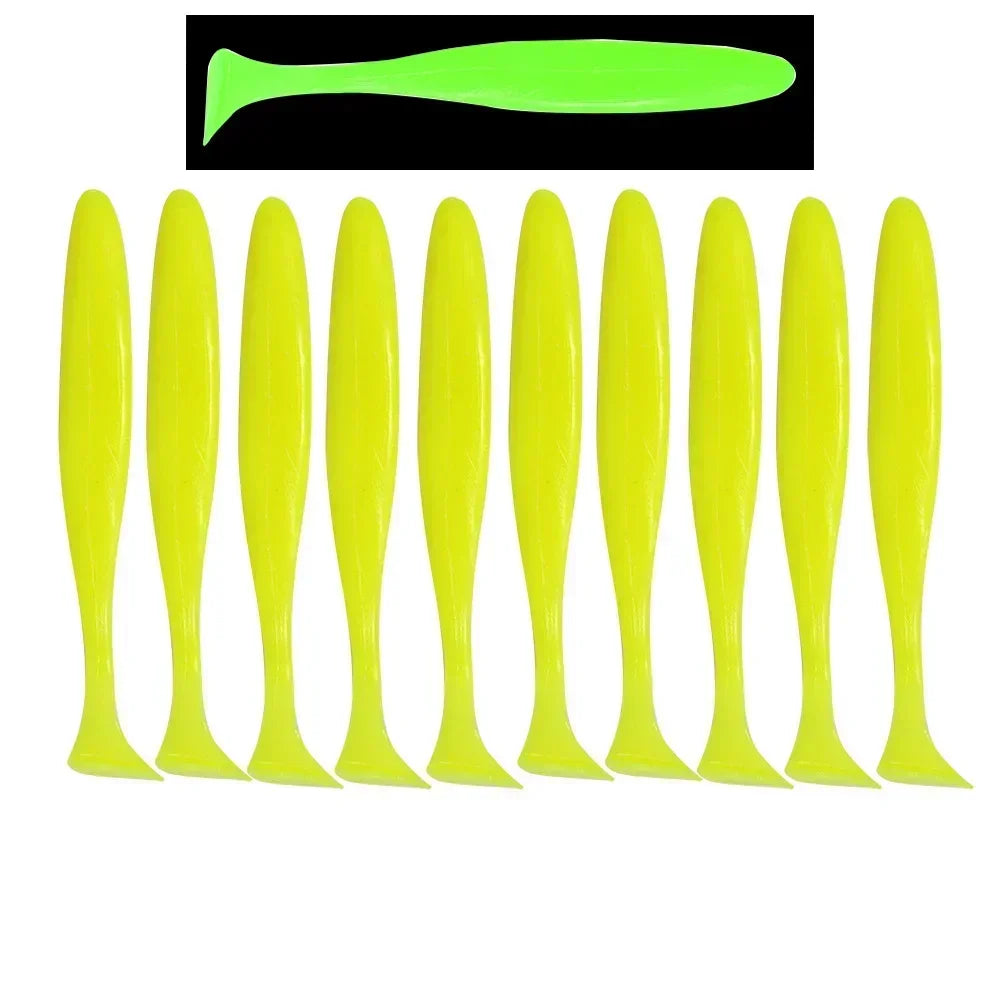A set of ten bright yellow adjustable soft lure fishing tackle pieces shown in a row.