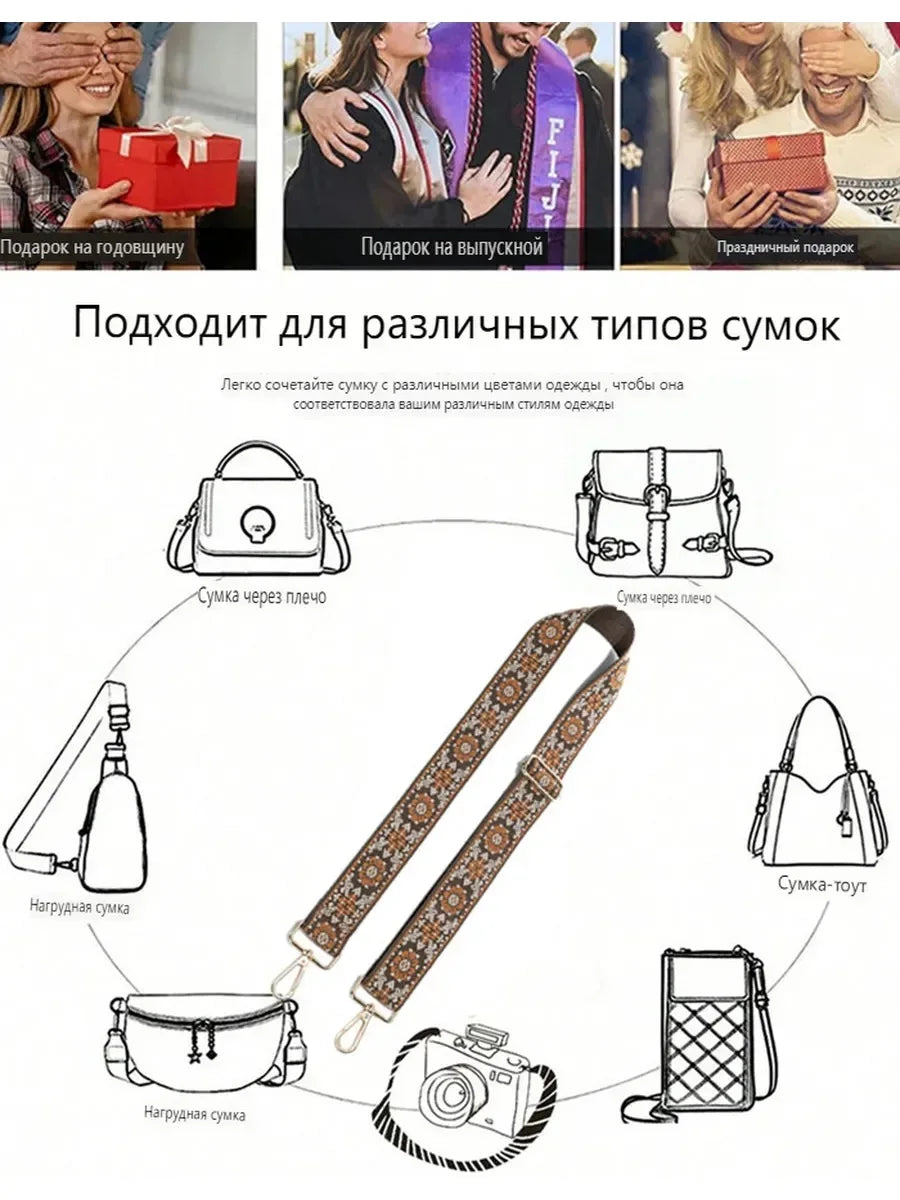 Various types of bags and accessories shown with a retro textile replacement bag strap.