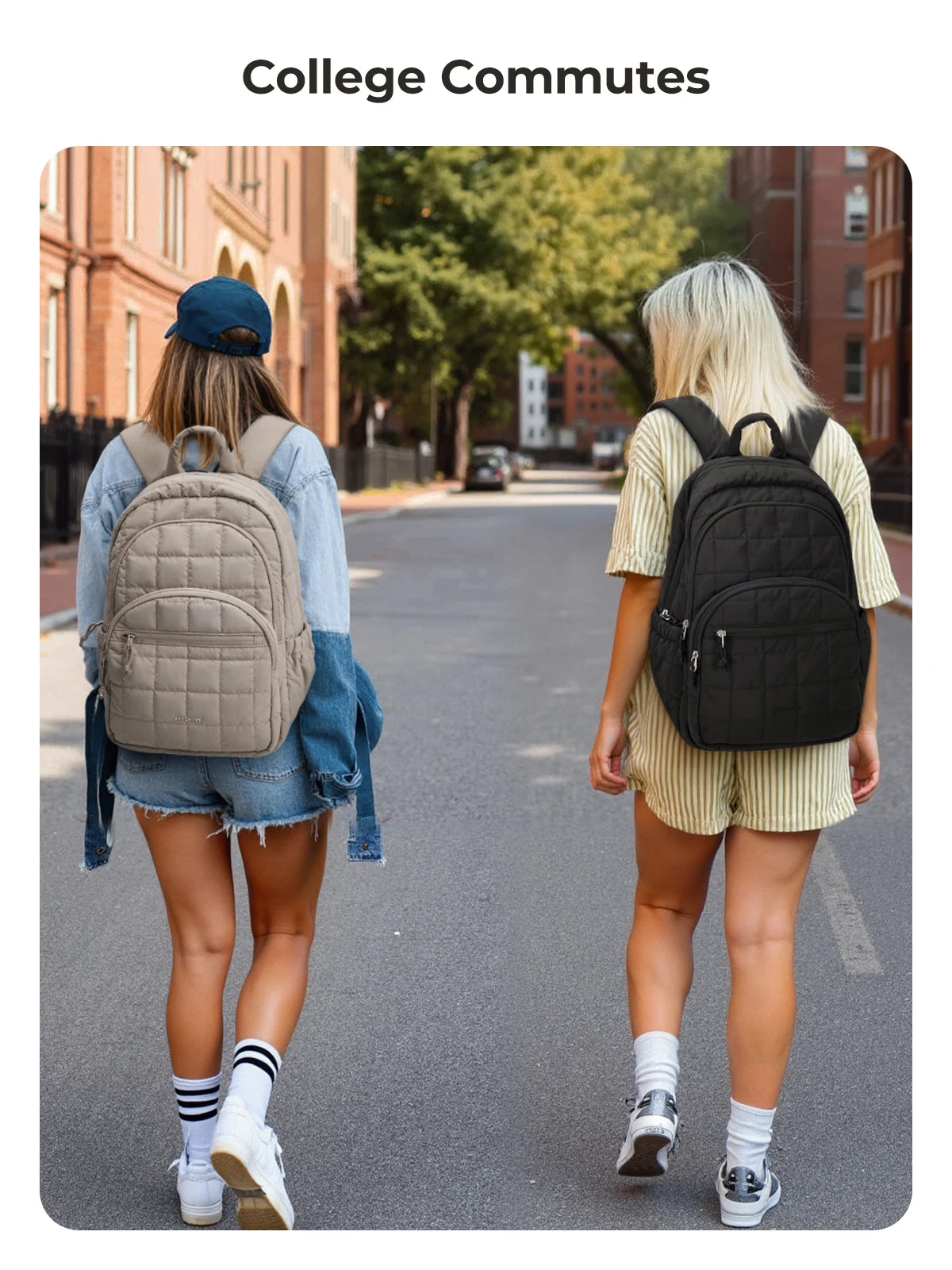 Two female students walk on a street with backpacks during college commutes.