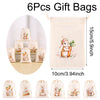 Set of six beige drawstring gift bags featuring embroidered Easter bunny designs