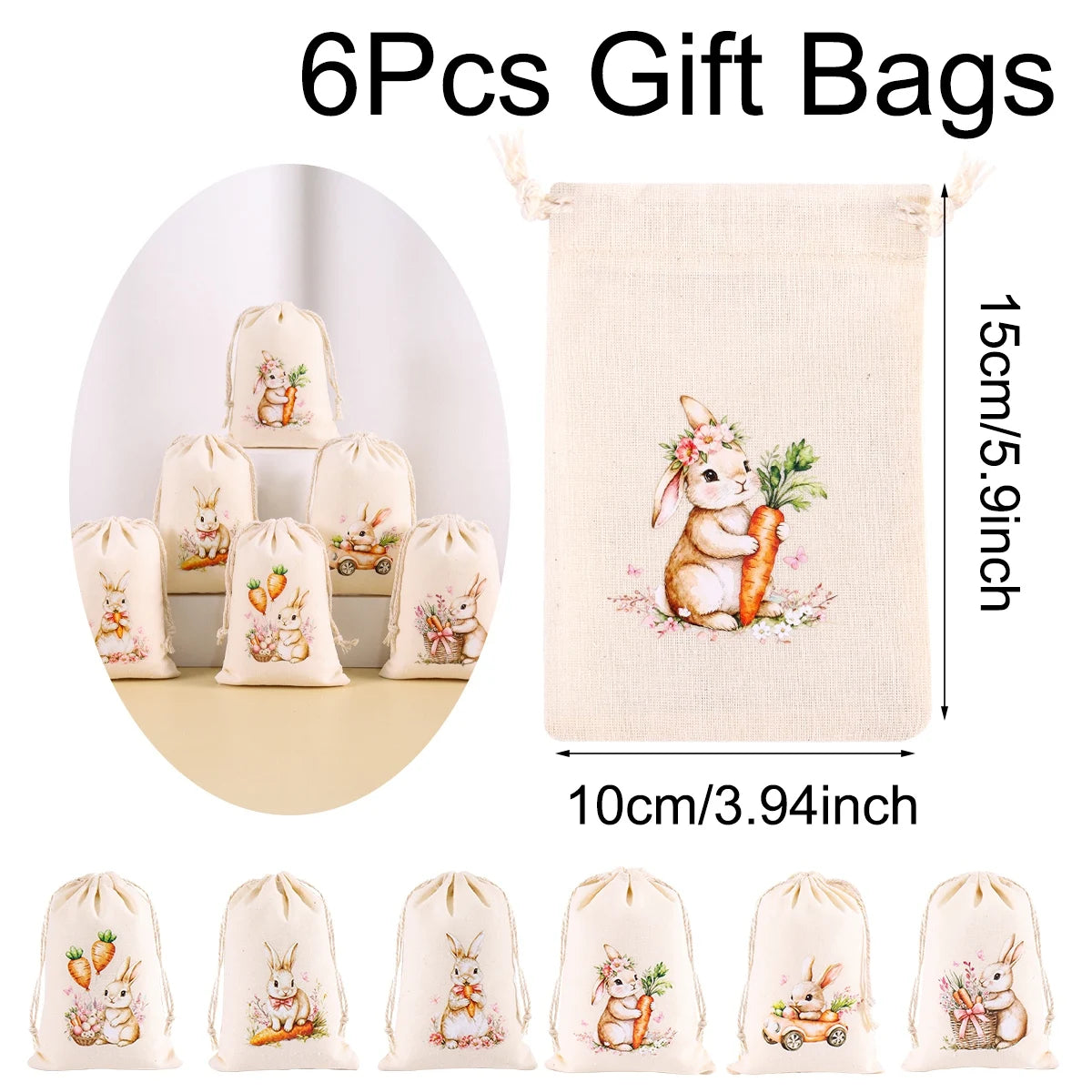 Set of six beige drawstring gift bags featuring embroidered Easter bunny designs