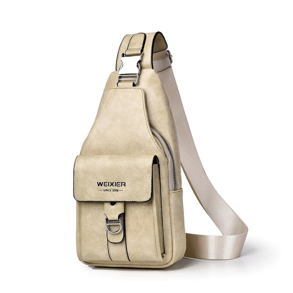 A beige men's PU leather belt sling chest bag with a light tan strap.