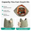 A quilted olive green nylon shoulder bag showing interior and exterior pockets and a side accessory hanging ring.