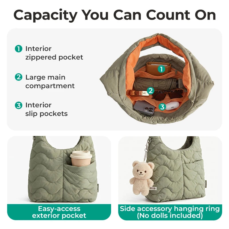 A quilted olive green nylon shoulder bag showing interior and exterior pockets and a side accessory hanging ring.