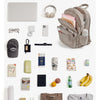 A beige quilted casual backpack shown with various organizational items like glasses, a watch, and notebooks.