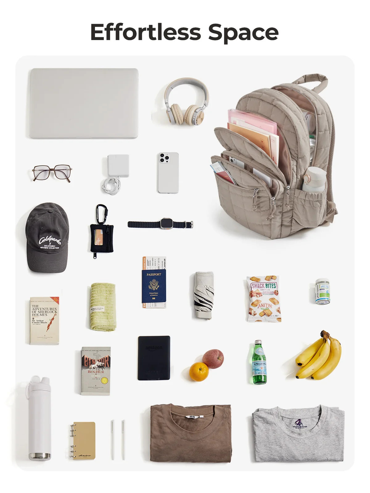 A beige quilted casual backpack shown with various organizational items like glasses, a watch, and notebooks.