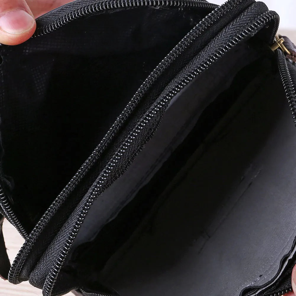 A black multi-function PU leather waist bag is shown open, displaying the interior lining and zipper details.