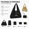 Sac de shopping pliable en nylon noir avec différentes options de rangement et instructions de pliage.