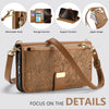 Brown leather zippered crossbody phone wallet case featuring an embossed floral pattern and a removable hook.