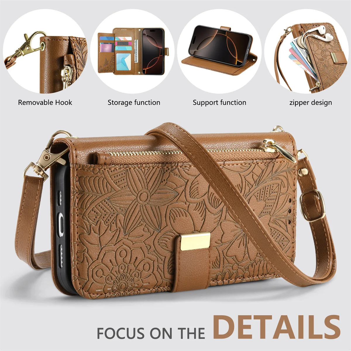 Brown leather zippered crossbody phone wallet case featuring an embossed floral pattern and a removable hook.
