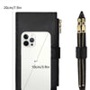 Black RFID protection bi-fold wallet case for a smartphone, showing dimensions.