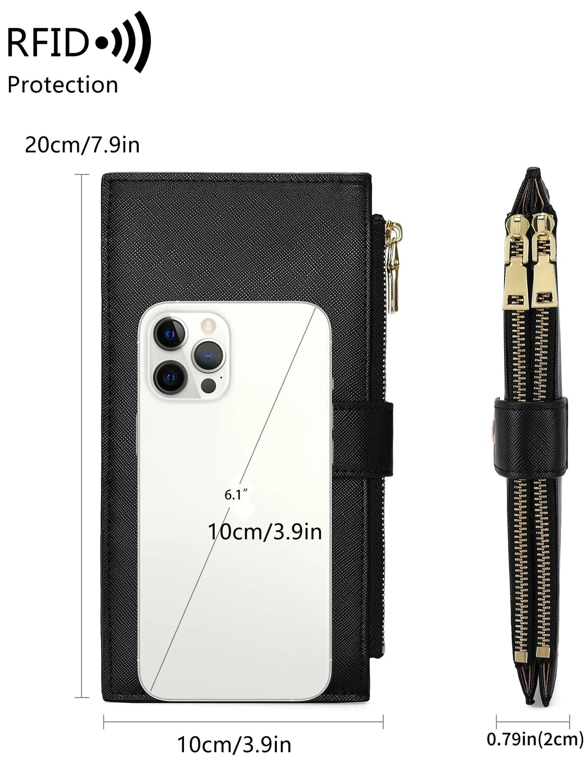 Black RFID protection bi-fold wallet case for a smartphone, showing dimensions.