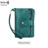 A teal leather wallet with a zipper closure and a cord, shown against a white background.