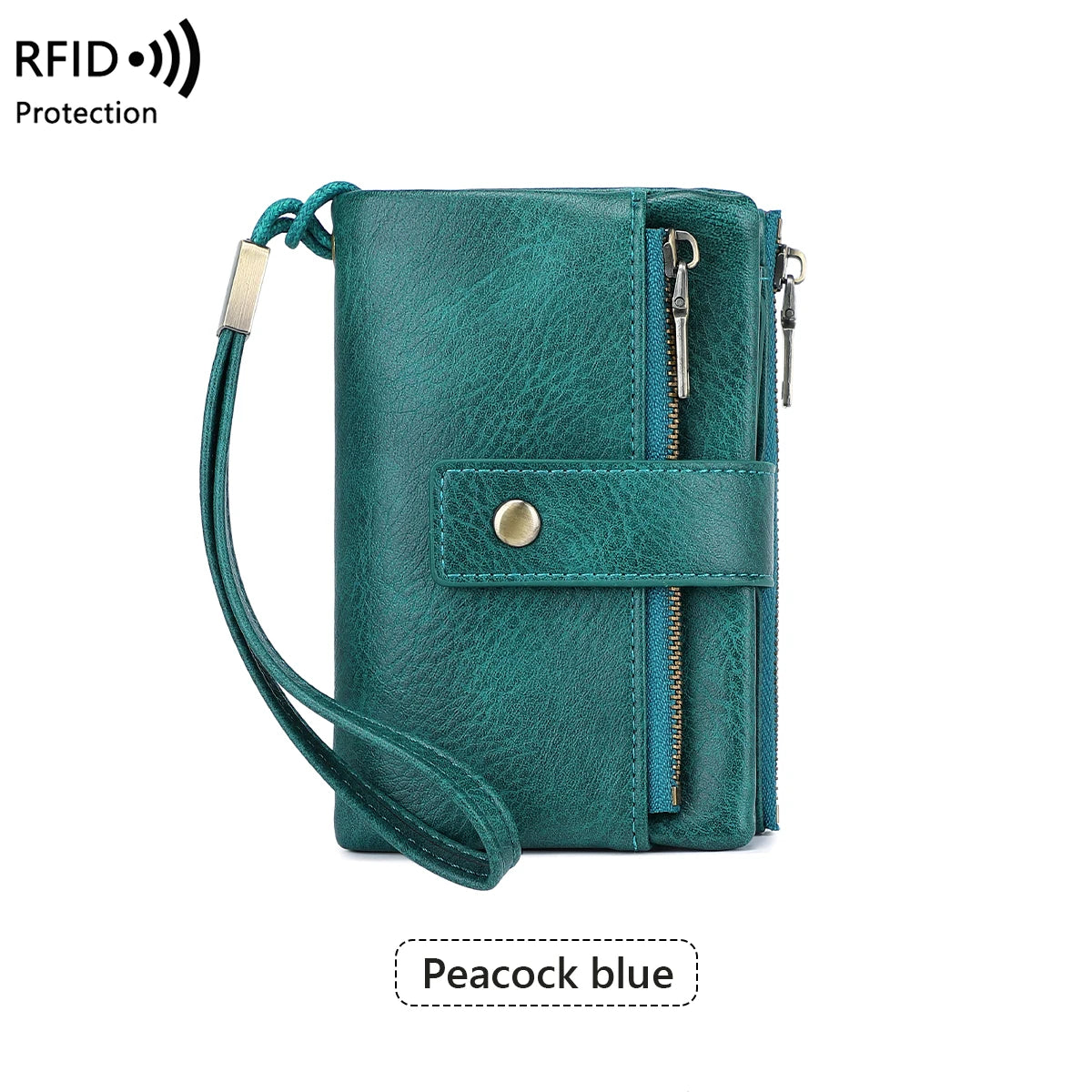 A teal leather wallet with a zipper closure and a cord, shown against a white background.