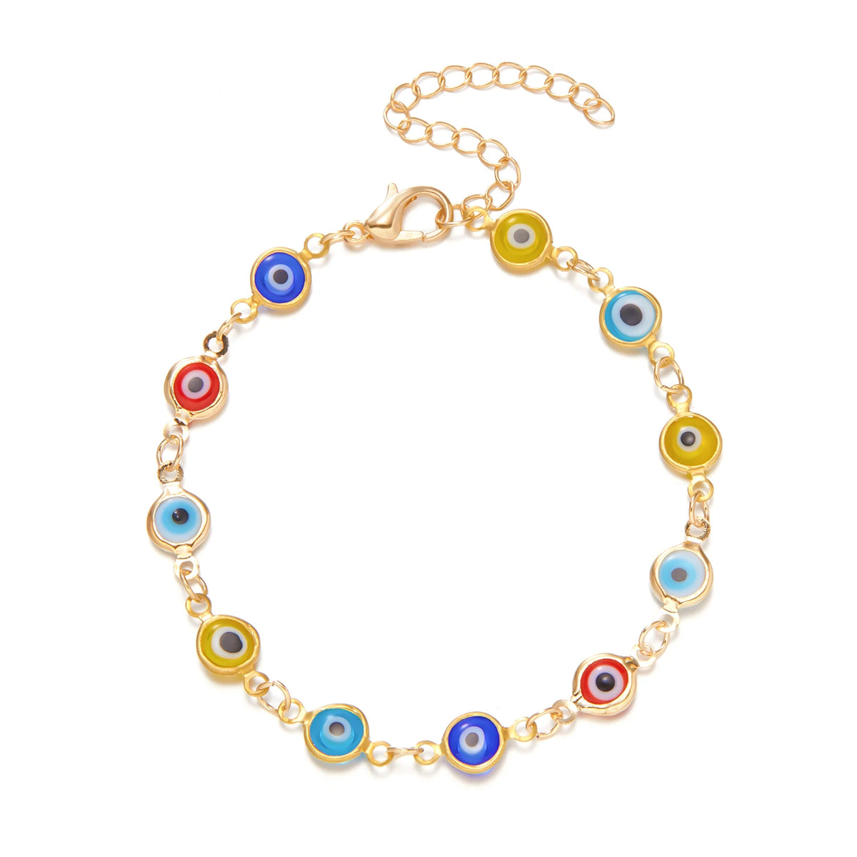 A gold chain bracelet featuring blue evil eye charms.