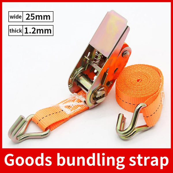 Orange goods bundling strap with a metal clasp and ratchet mechanism.