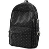 Black corduroy backpack with a white polka dot pattern and silver hardware