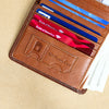 A brown genuine leather bifold wallet showing various credit cards and an SD memory card.