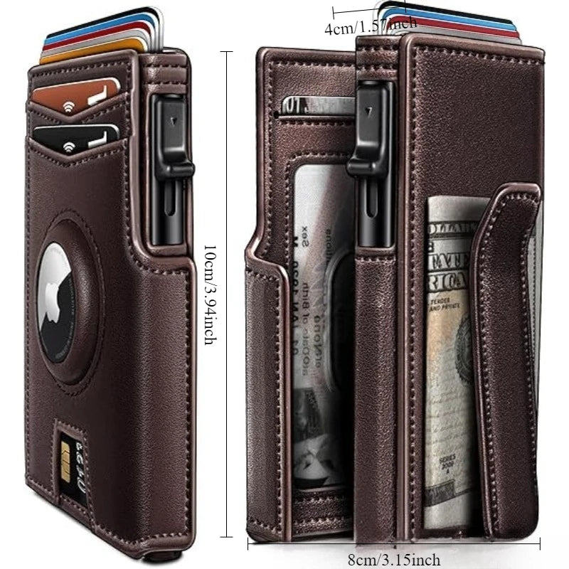Cartera de aluminio plegable marrón para hombre, mostrando diversas tarjetas y efectivo dentro.