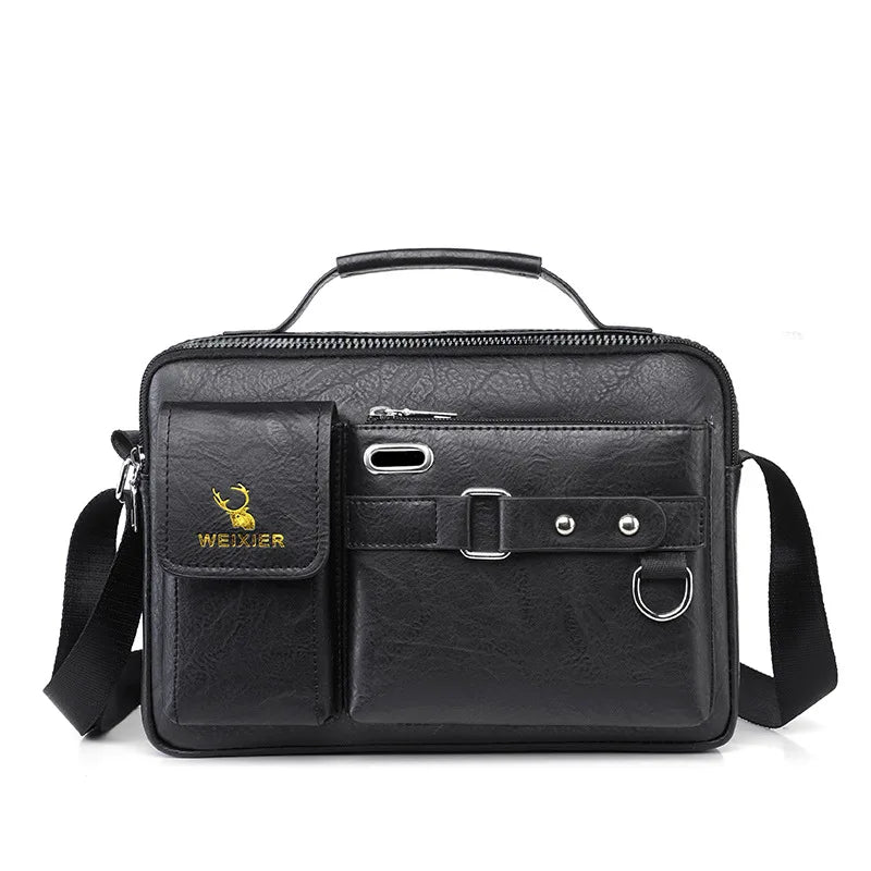 Black men's PU leather crossbody shoulder bag with a zippered flap and leather strap.