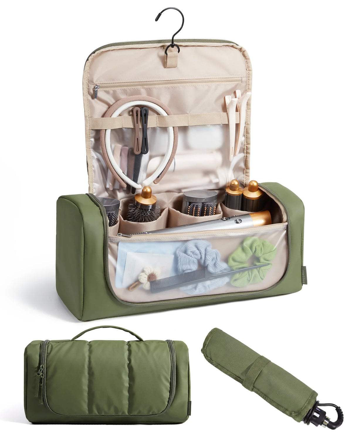 Estuche de viaje para organizar herramientas de peinado con gancho colgante, mostrando herramientas y accesorios.
