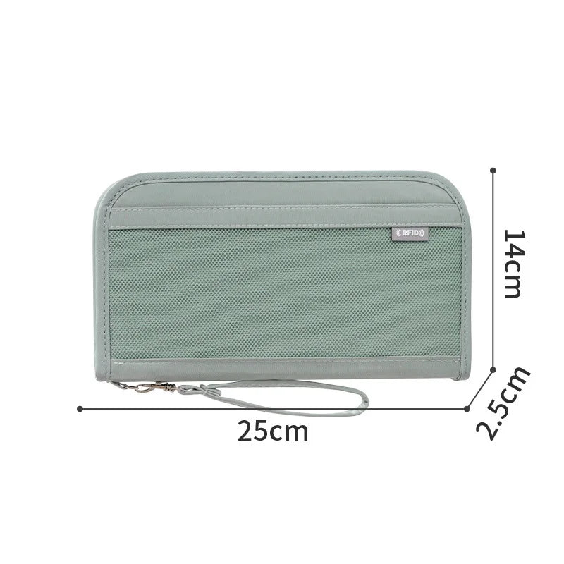 Portefeuille organisateur de voyage premium vert clair, texture maillée, 25cm de long et 14cm de haut.