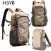 A tan and gray durable 80L waterproof hiking backpack shown from the side and front view.