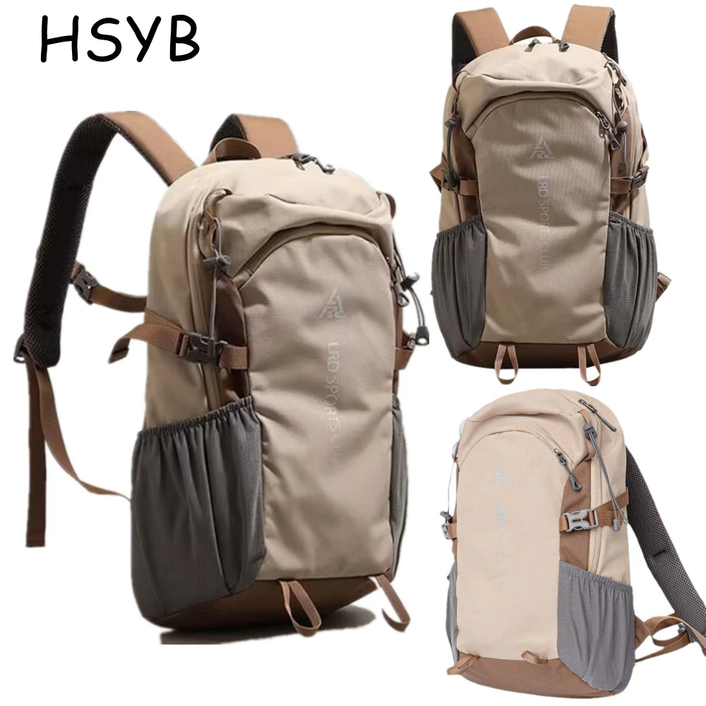 A tan and gray durable 80L waterproof hiking backpack shown from the side and front view.