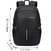A black JINGPIN backpack shown from the back with dimensions provided.
