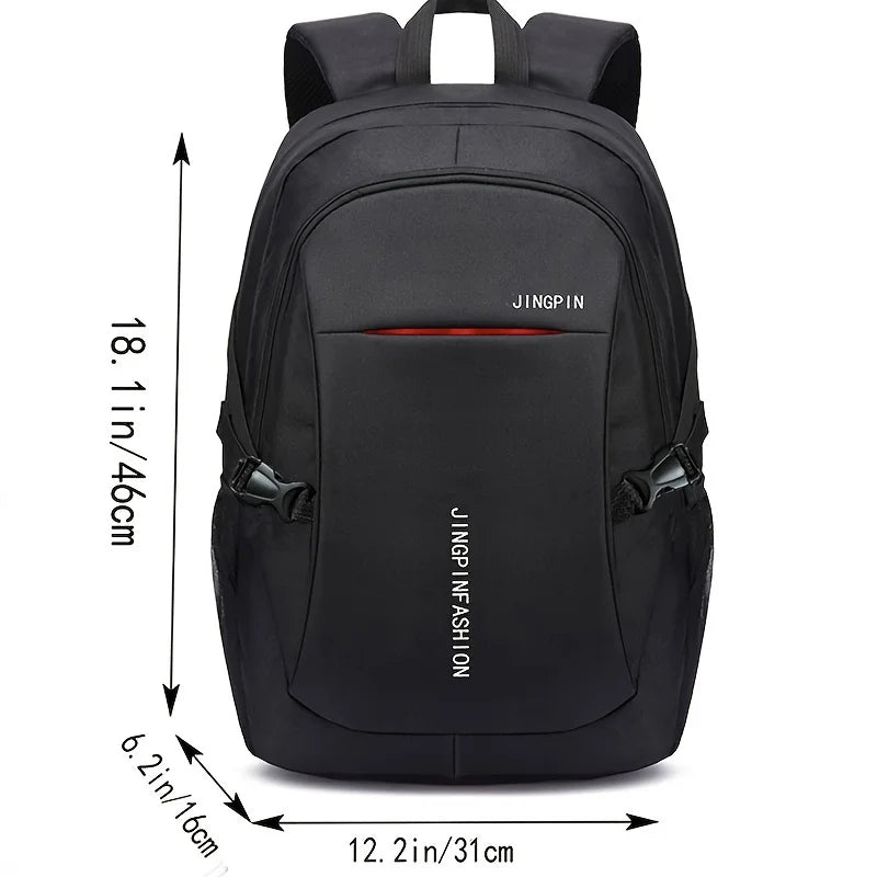 A black JINGPIN backpack shown from the back with dimensions provided.
