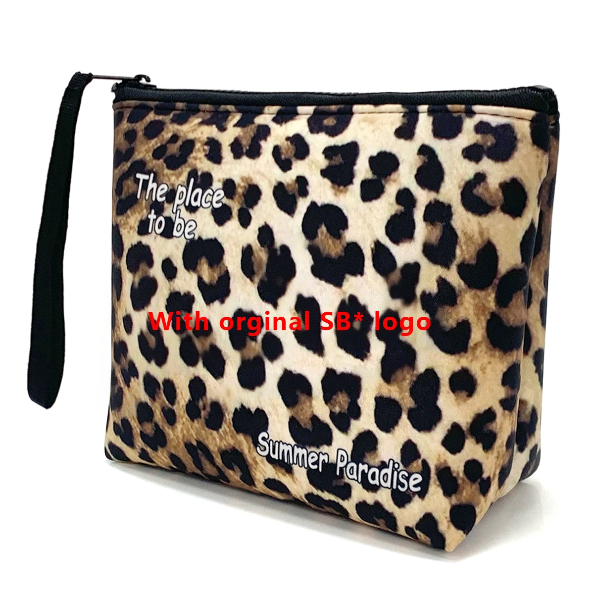 Bolsa cosmética de estampado de leopardo negro y marrón con correa negra.