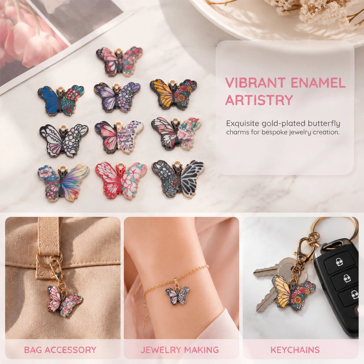 A set of vibrant enamel butterfly charms used for bespoke jewelry creation, displayed alongside finished keychains and access