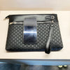 A black PU leather clutch bag with a crocodile pattern is shown open, displaying a smartphone slot.