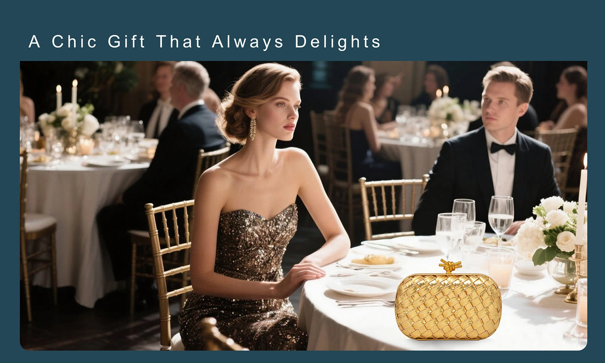A woman in a gold sequined dress sits at a dinner table with a handwoven gold clutch bag.