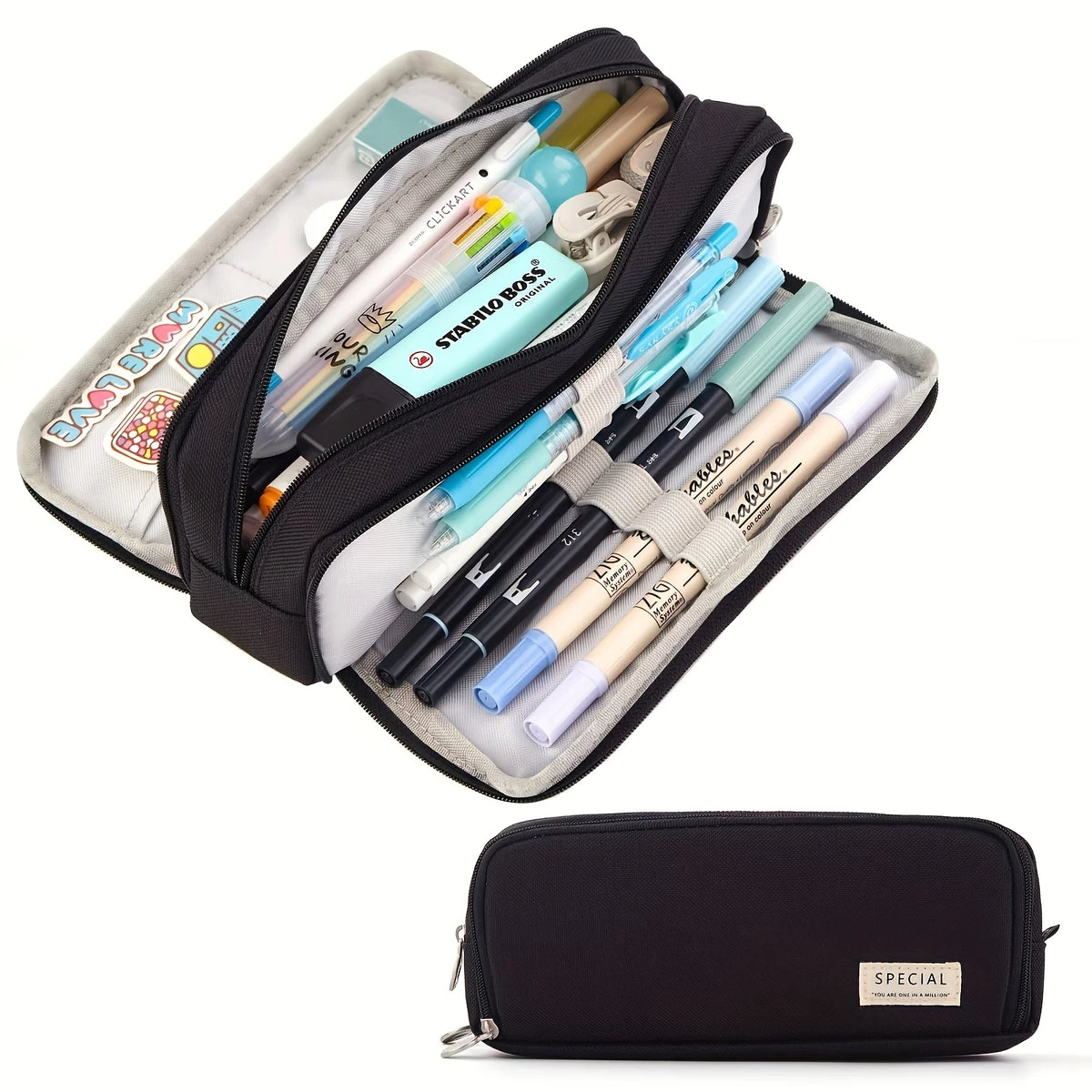 A black pencil case filled with various colored pencils and pens, including a yellow and blue labeled box.