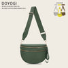 A dark olive green nylon crossbody bag with gold hardware shown against a light background.