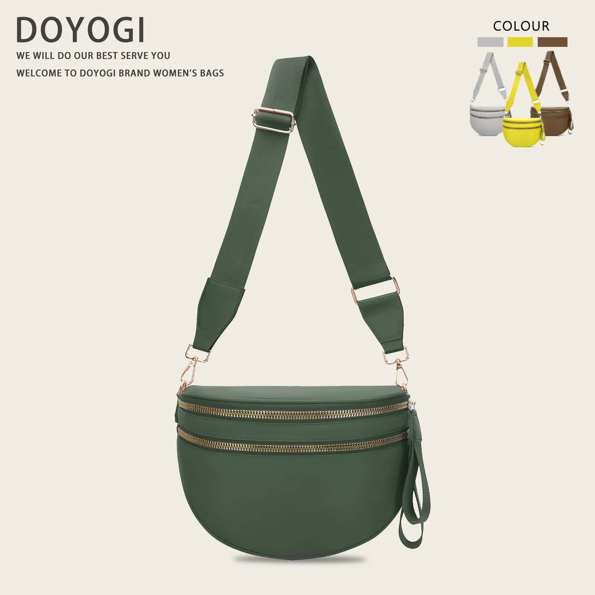 A dark olive green nylon crossbody bag with gold hardware shown against a light background.