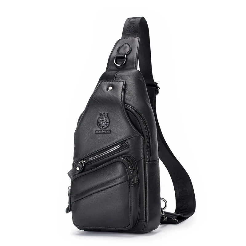 Black genuine leather men's crossbody messenger bag with a flap and adjustable strap.