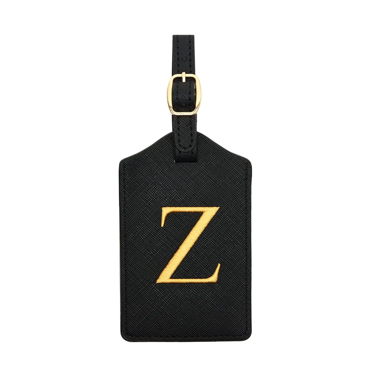 Black PU leather luggage tag with a gold letter Z and a metal loop for attachment.